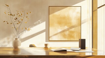 Sunlit minimalist interior with wooden table, open book, and framed wall art