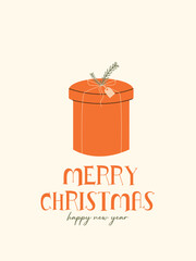 Flat vector illustration of Merry Christmas with orange present.