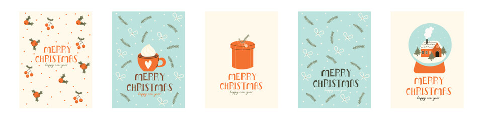 Flat vector illustration set of banners, cards. Banner with a cup of cocoa, with a gift, a snow globe.