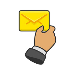 Yellow envelope in businessman hands. Mail notification or coming messages concept. Hand holding envelope, letter. Sending notice or invitation.