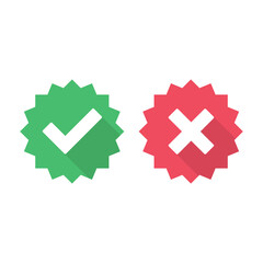 Check mark icons set with long shadows, isolated on white background. Green tick and red cross check marks buttons in flat style. Yes or No confirm or reject signs.