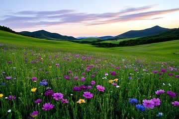 Obraz premium A field of vibrant wildflowers, stretching toward the horizon with rolling green hills in the background under a pastel-colored sky