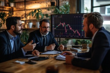Business professionals discussing market trends at a modern office with stock charts displayed on a large monitor during a meeting
