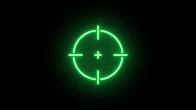 Neon aim cross animation, flickering emergence and fading. Glowing neon target icon, looped animation. Crosshair, gun aim, sniper target, bullseye, hunting, target audience. Yellow, green, orange