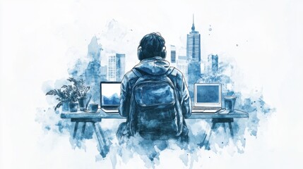 Young person working at desk with laptops in watercolor cityscape concept of remote work