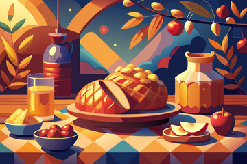 Autumn Harvest Feast - Illustration of Seasonal Dining Table with Traditional Foods