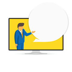 Businessman with speech bubble on TV screen. Plasma, panel or TV with speaking man.