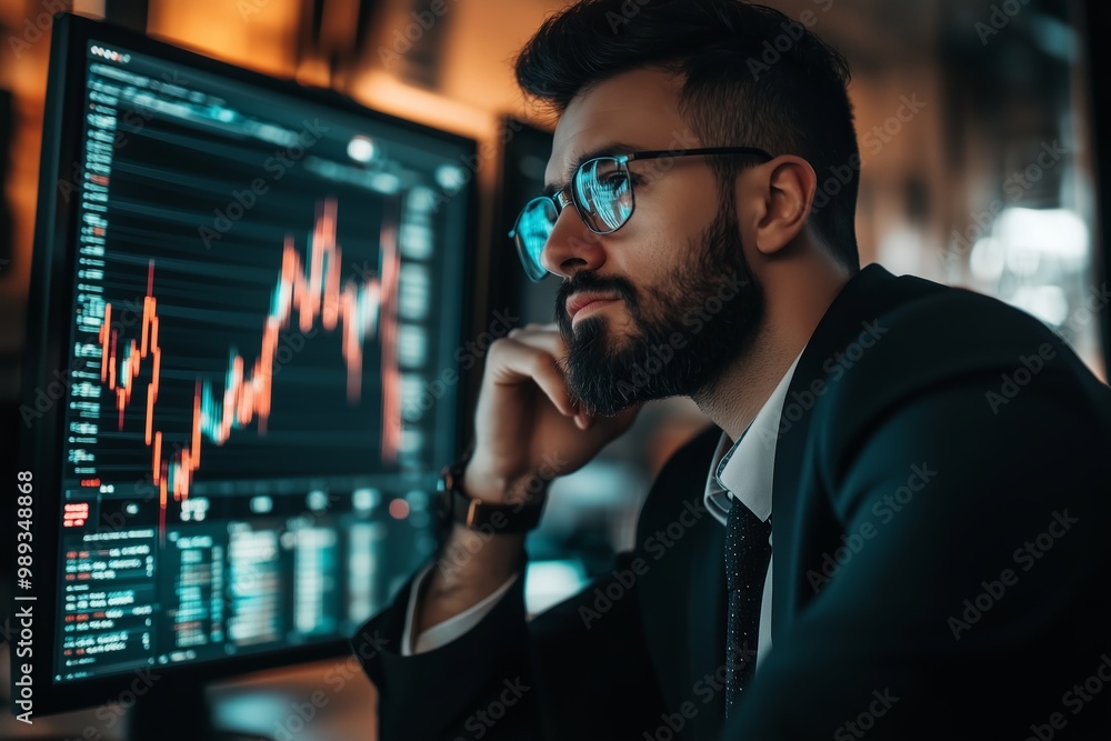 Aufkleber professional man analyzes stock market data on computer screen in modern office setting during eveni