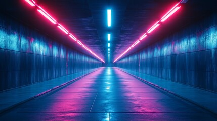 Fototapeta premium A long tunnel with neon lights on the ceiling