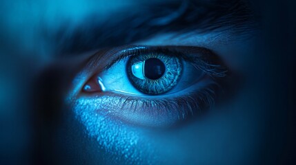 A close up of a person's eye with a blue tint