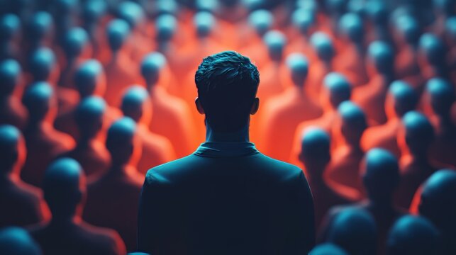 A man stands in front of a crowd of people, looking at the camera