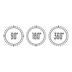 Set of angles 90, 180 and 360 degrees icons. Arrows rotation circle symbol set. Geometry math signs symbols. Full complete rotation arrow.