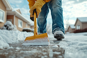 Person in winter clothing shovels snow from a driveway