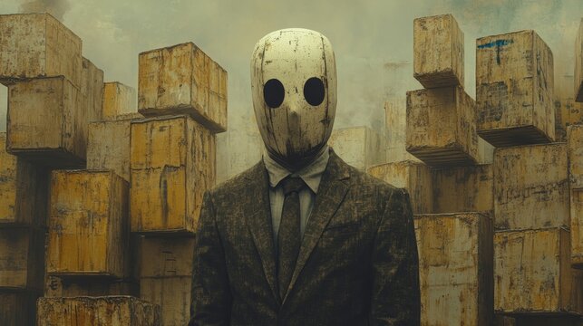 A man in a suit stands in front of a pile of boxes