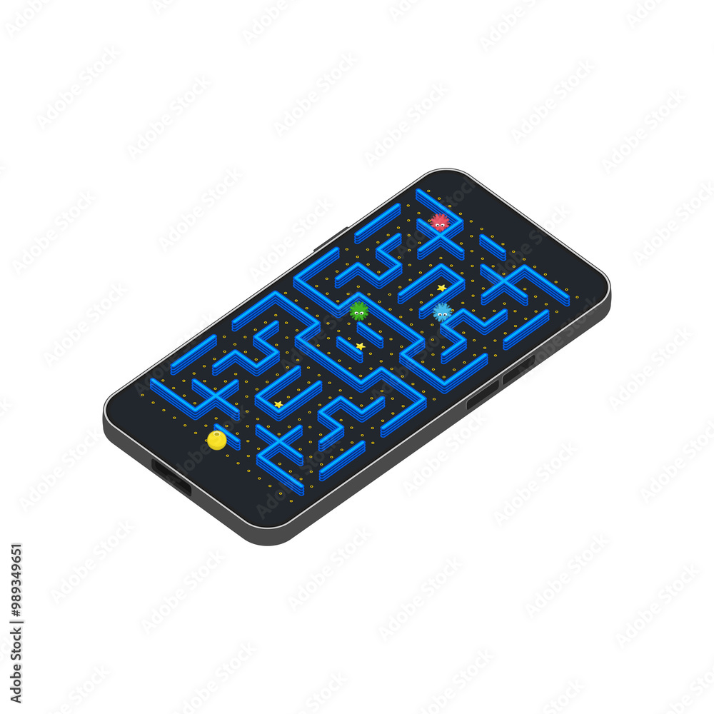 Aufkleber Game concept with ghosts. Modern arcade video game interface and design elements on smartphone screen. Game world. Computer or mobile game with control buttons.