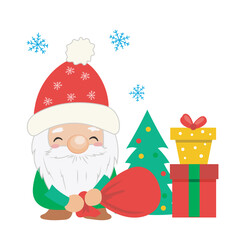 Christmas cute gnome in flat design. Fanny dwarf with bag and gifts by tree. Vector illustration isolated.