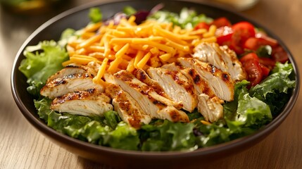 A tasty salad with roasted chicken, fresh greens, and shredded cheddar cheese. A healthy and satisfying meal option.
