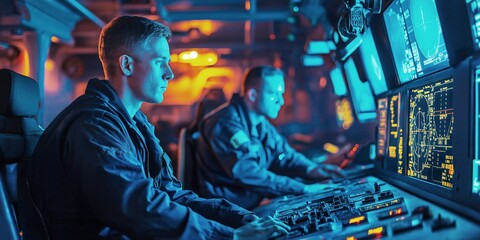 Naval officers monitor high-tech control systems in a command center, focusing on maritime security operations, blue lighting creates a modern atmosphere, screens display strategic data, selective foc