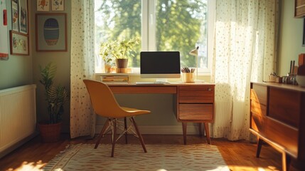 Fototapeta premium A miniature, mid-century inspired desk with a built-in storage cubby, in a bright playroom.