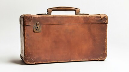 A worn-out brown suitcase, like something from the past, stands alone on a white background.