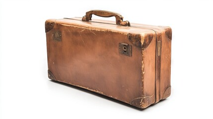 A worn-out brown suitcase, like something from the past, stands alone on a white background.