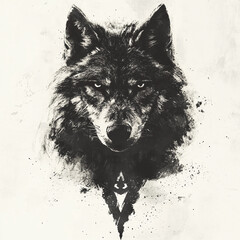 Fierce Black and White Wolf Illustration Art Portrait in Monochrome Design