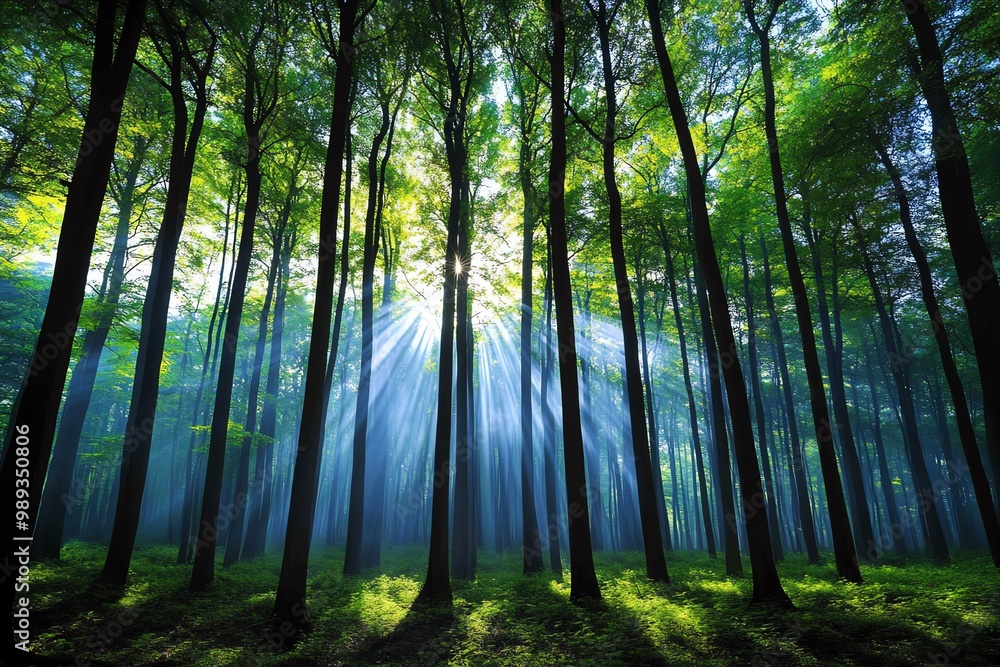 Poster a foggy forest in early morning light, with tall trees disappearing into the mist and sunlight filte