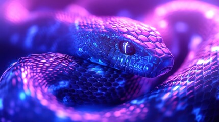Fototapeta premium A close-up of a blue and purple snake with glowing eyes.