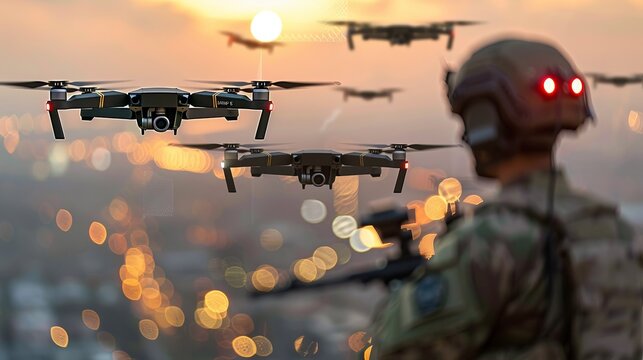 Silhouette of a soldier employing drones for tactical operations and reconnaissance missions