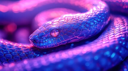 Obraz premium A close-up of a vibrant blue snake with iridescent scales under pink and purple lighting.
