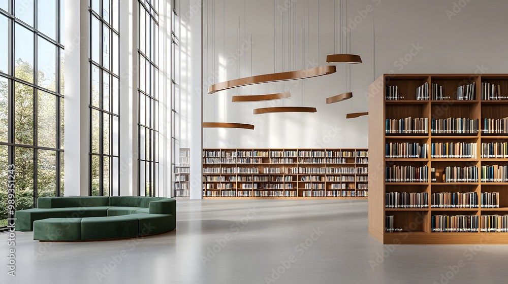 Poster modern public library interior with empty blank wall template. 3d rendering