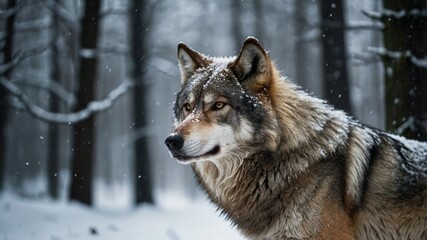 Naklejka premium A powerful wolf standing alert in a snow-covered forest, showcasing its natural beauty and strength amidst winter scenery. 