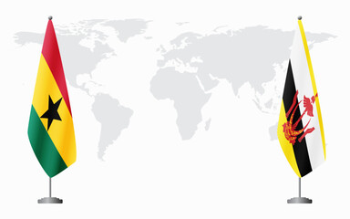 Ghana and Brunei flags for official meeting against background of world map.