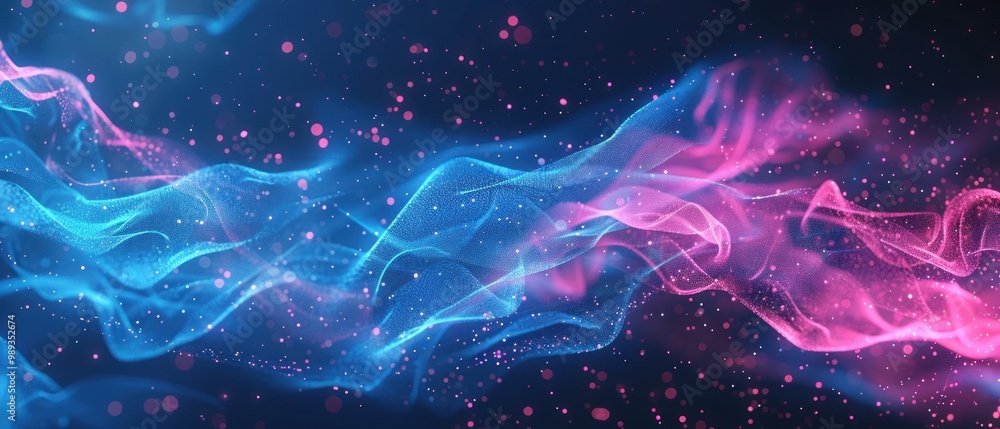 Poster futuristic technology background with flowing digital waves of glowing dots and lines.