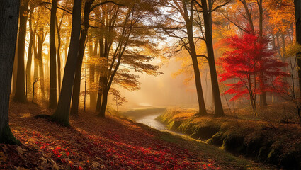 A dense forest in autumn, bathed in warm sunlight filtering through golden and red-leaved trees