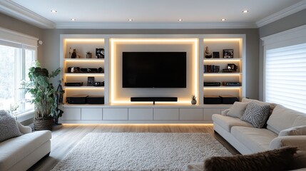 A modern entertainment unit with adjustable shelving for various media devices.