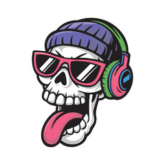 cheerful skull in glasses and headphones sticking out his tongue.vector illustration