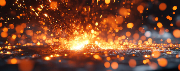 Molten metal flowing in industrial channels creates mesmerizing display of sparks and glowing particles. intense heat and vibrant colors evoke sense of energy and transformation