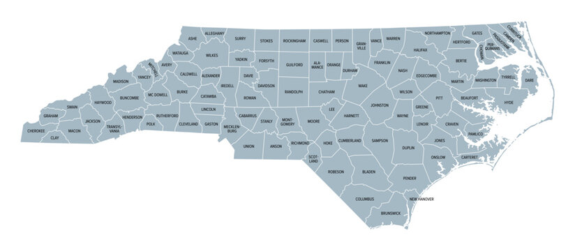 North Carolina counties, gray political map with borders and county names. State in the Southeastern region of United States subdivided into 100 counties. Nicknamed Tar Heel State and Old North State.