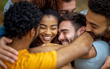 Obraz premium Unity in Diversity: Diverse People Embracing in Warm Group Hug