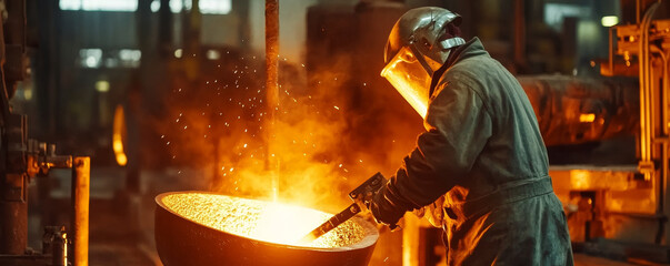 A worker in protective gear is pouring molten metal into mold, surrounded by glowing industrial environment. scene captures intensity and heat of metalworking