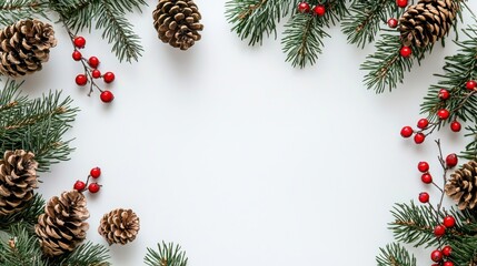 Christmas Frame with Pine Branches and Berries on White