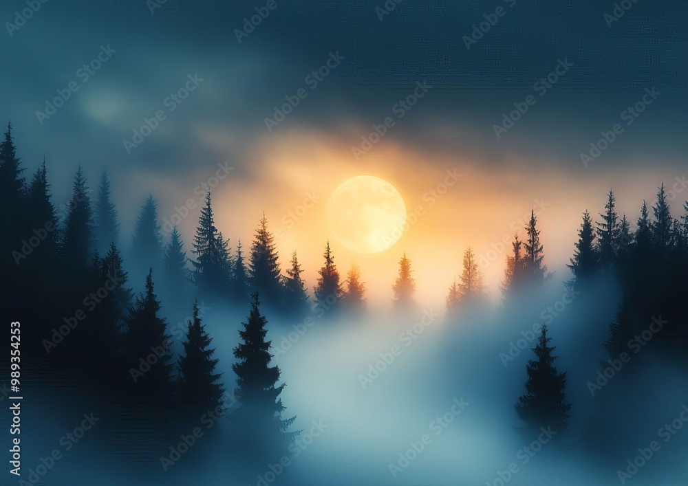Aufkleber eerie fog in forest with moonlight filtering through trees creating mysterious atmosphere