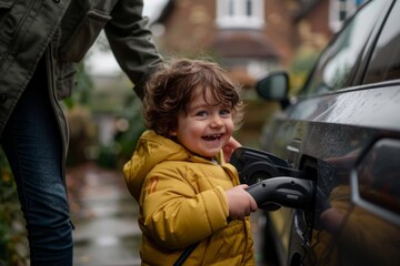 Obraz premium A child charging an electric car with the help of his father. Warm cloudy autumn day, feeling of harmony, happiness and anticipation of adventures.