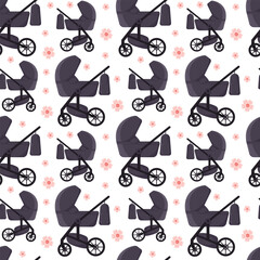 Baby stroller for girls and boys. Seamless pattern with Baby carriage, pram, buggy. Perfect nursery, childrens clothing, fabric, textile, packaging, paper, wrapping
