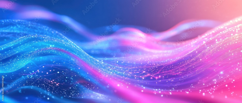 Poster futuristic technology background with flowing digital waves of glowing dots and lines.