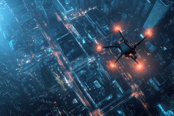 Fototapeta premium Drone flying over futuristic cityscape at night