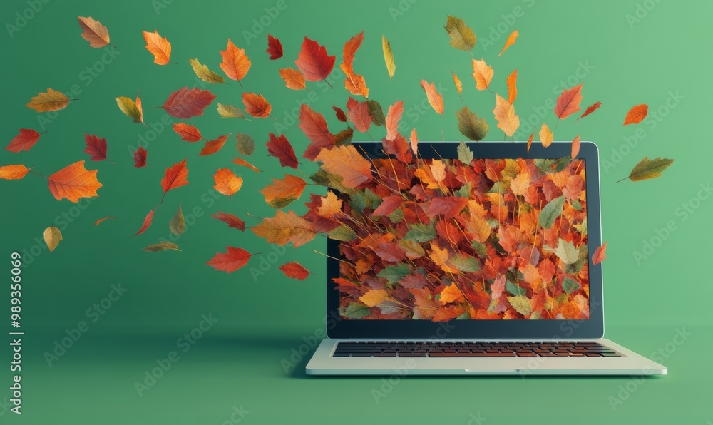 Poster minimalist laptop with flying leaves representing technology and nature integration