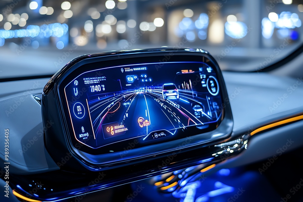 Poster a futuristic dashboard with heads-up display (hud), showing navigation, speed, and vehicle stats in 