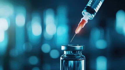 A syringe is poised above a vial, ready to inject a liquid, with a blue-toned background emphasizing the clinical and scientific context.
